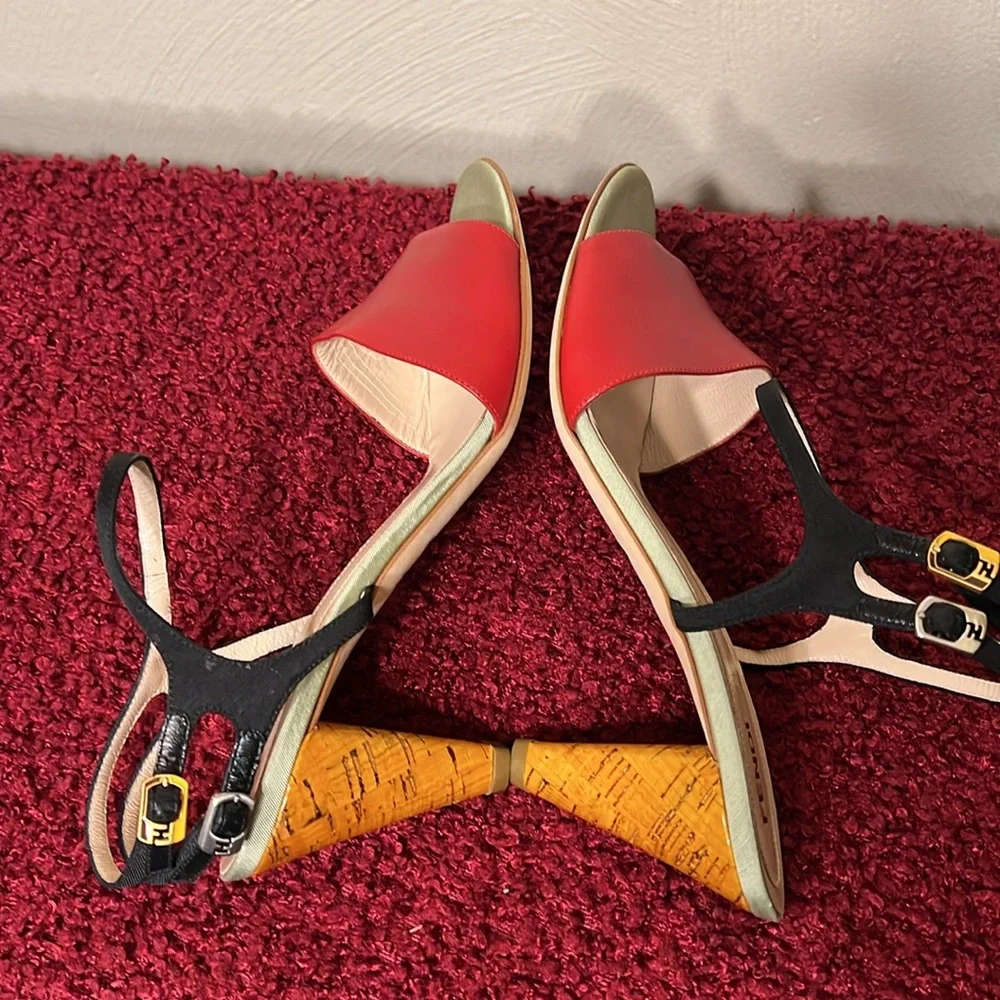 Fendi Olive Faille Color Block Ankle Strap Sandals size 8 - Picture 12 of 17